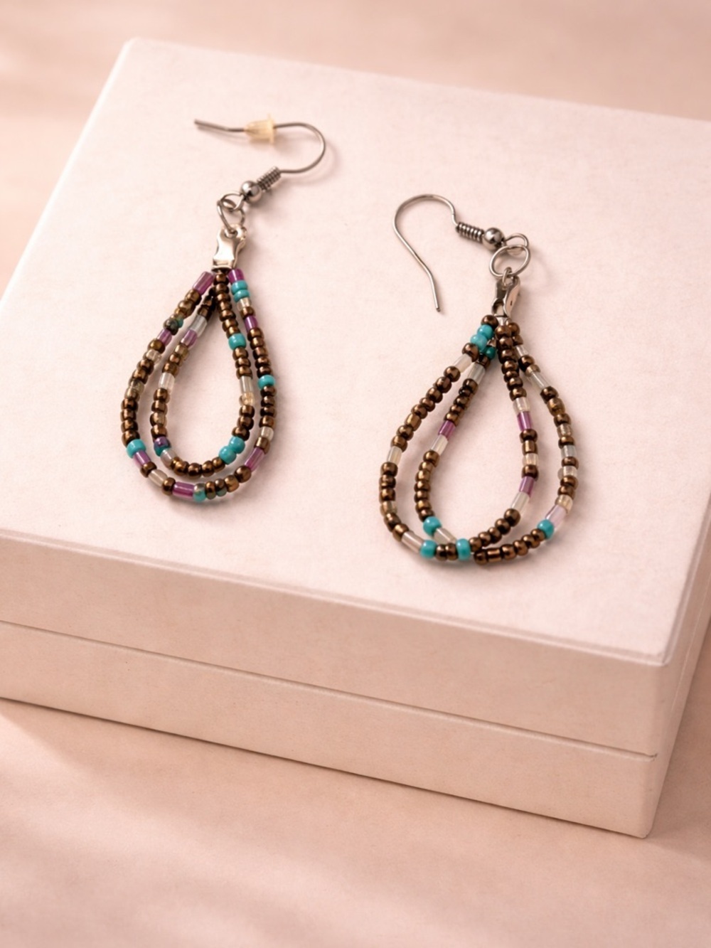Beaded Teardrop Dangle Earrings in Turquoise & Bronze - Women Jewelry